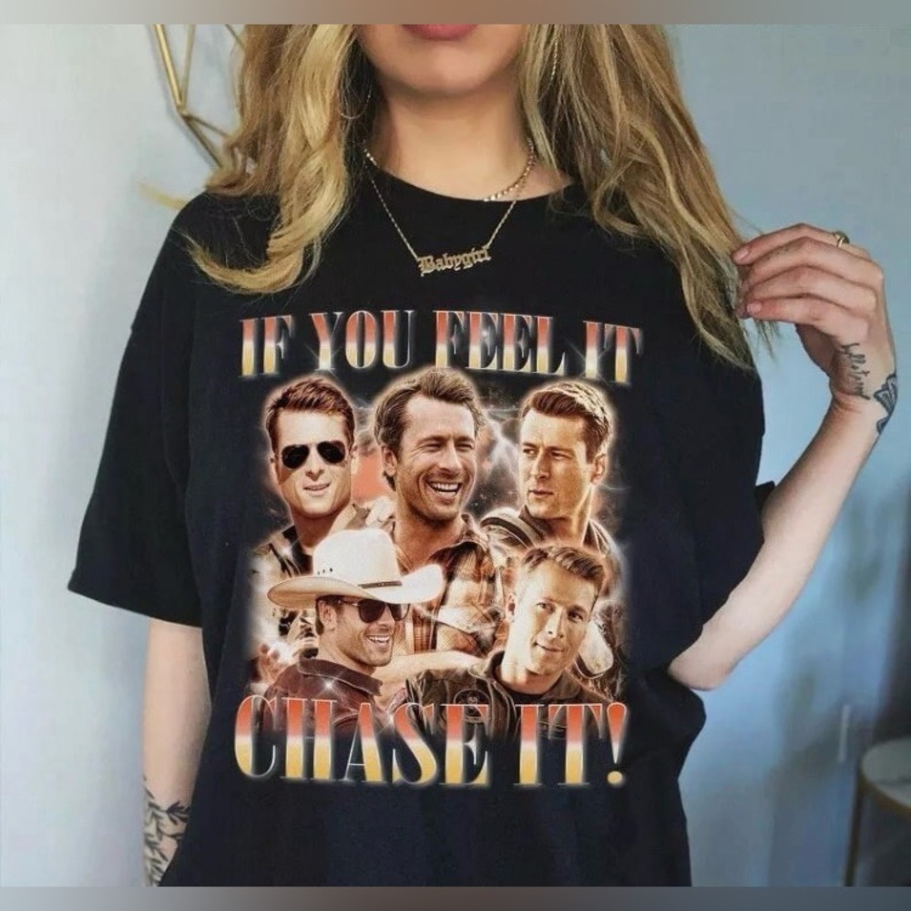 Twitters Glen Powell Tyler Owens black short sleeve graphic T-shirt